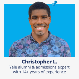 Portrait of Christopher L., Yale alumnus and Collegewise admissions expert with 14+ years of experience, set against a bright blue background with a pin icon.