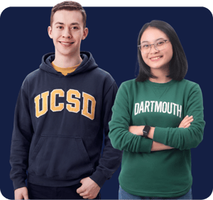 Two students smiling together, one wearing a Dartmouth sweatshirt and the other wearing a UCSD sweatshirt.