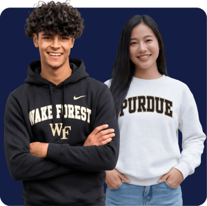 Two smiling young adults standing side by side against a dark navy background; a young man on the left wearing a black Wake Forest hoodie with arms crossed, and a young woman on the right wearing a white Purdue sweatshirt.
