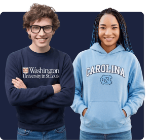 Two smiling college students standing side by side against a dark navy background; a young man on the left wearing glasses and a dark blue Washington University in St. Louis sweatshirt with arms crossed, and a young woman on the right wearing a light blue UNC Carolina hoodie.