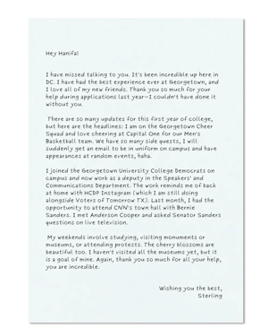 Handwritten thank-you letter from a Georgetown University student to her college counselor, describing her first year of college