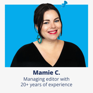 Portrait of Mamie C., Collegewise managing editor with over 20 years of experience, set against a bright blue background with a pin icon.