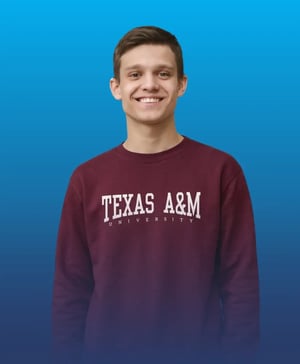 Smiling student wearing a maroon Texas A&M University sweatshirt against a blue background.