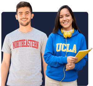 Two smiling students posing together wearing a grey Northeastern University t-shirt and a blue UCLA hoodie.